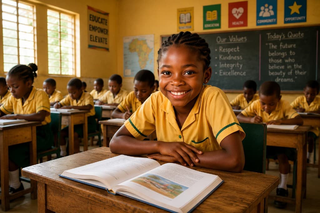 Smiling Nigerian schoolgirl reading a book in a classroom